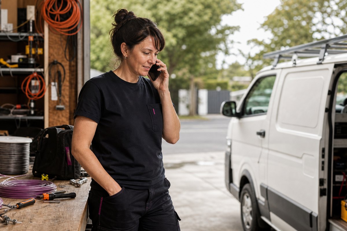 SEO services outcome: a New Zealand electrical business owner taking a customer enquiry by phone
